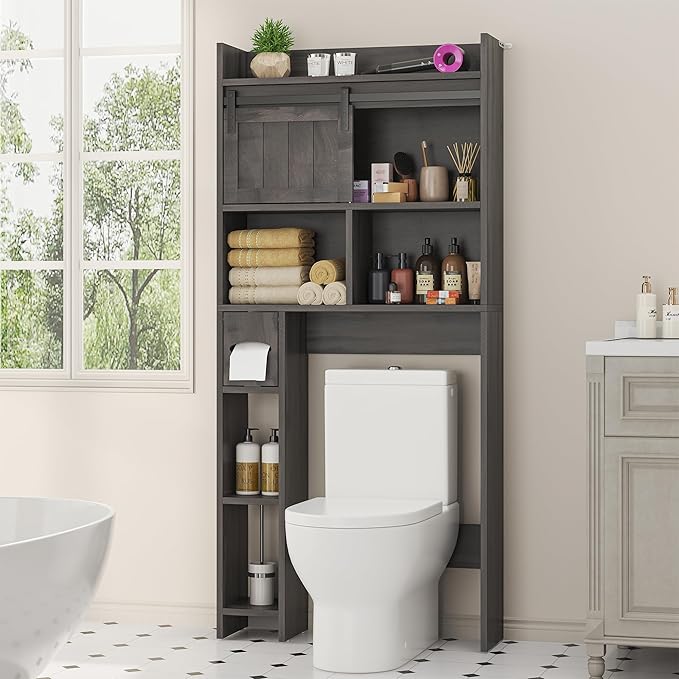 Semoic Over The Toilet Storage Cabinet, Over The Toilet Shelf with Sliding Door & Toilet Paper Holder Stand, Bathroom Above Toilet Storage, Home Space-Saving Toilet Rack for Bathroom, Restroom, Grey