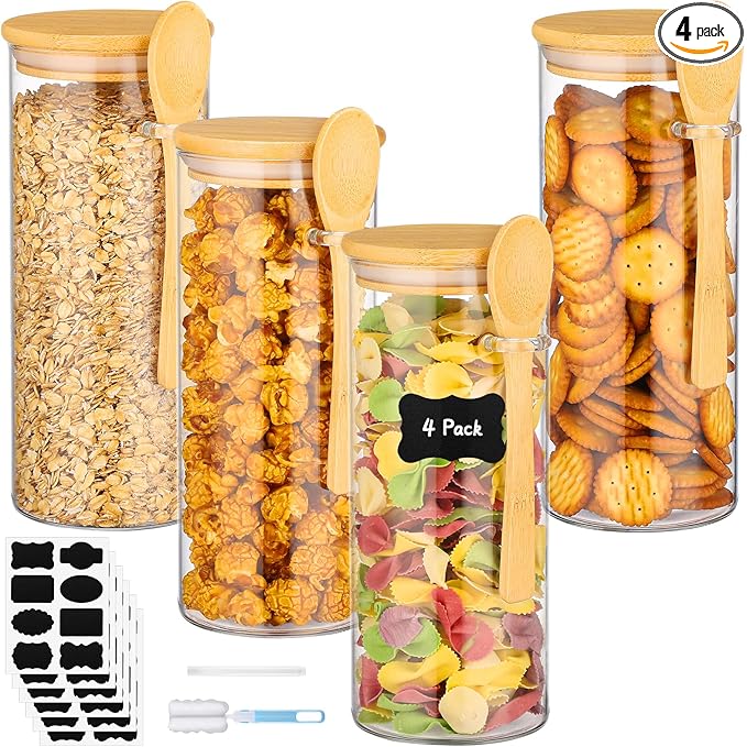 Glass Storage Jars with Airtight Lid - 4 Pack 31 Fl.oz Round Glass Jar with Bamboo Lids and Spoon, Includes Labels, Marker and Brush, Pasta Storage Containers, Cereal, Flour, Rice Canister
