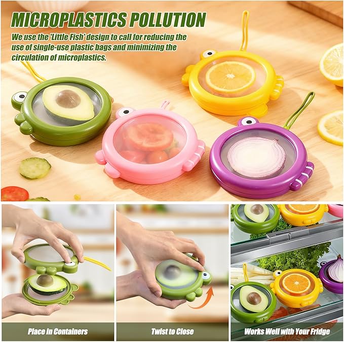 Set of 4 Fish-Shaped Fresh Food Containers, Fresh Pod, Reusable Silicone Storage Pods for Avocado, Onions, Lemon, Tomatoes, Garlic – Anti-Oxidation for Fridge, Send Goods from Local Warehouse
