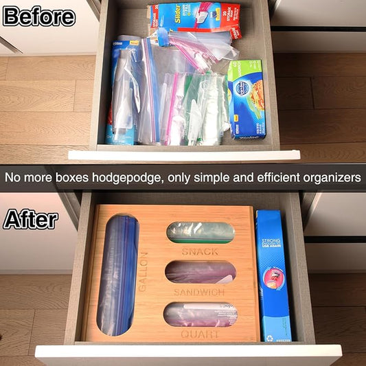 LOPASA Baggie Organizer for Drawer Compatible with Ziplock Food Storage Bag, Sandwich Bag Organization for Kitchen Drawer, Plastic Baggie Storage Box for Pantry(Bamboo)