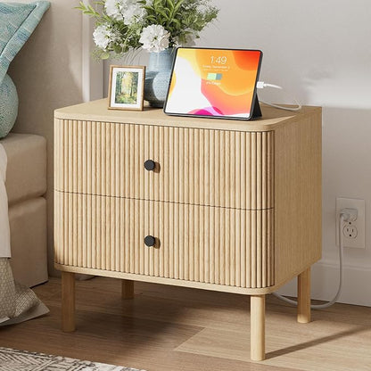 FavourLife Night Stand with Charging Station, 24" Large Fluted Nightstand with Rounded Corners & Solid Wood Legs, 2 Drawers End Table, Mid Century Modern Bedside Table for Bedroom, Natural Oak