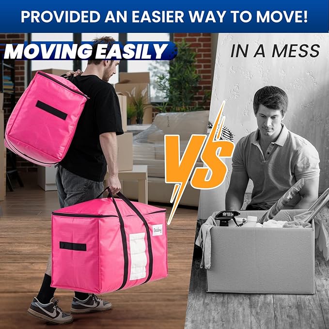 TAILI 4 Pack Pink Extra Large Moving Bags, Heavy Duty Totes with Visible Window, Wrap Around Handles, Great for Storage, Space-Saving