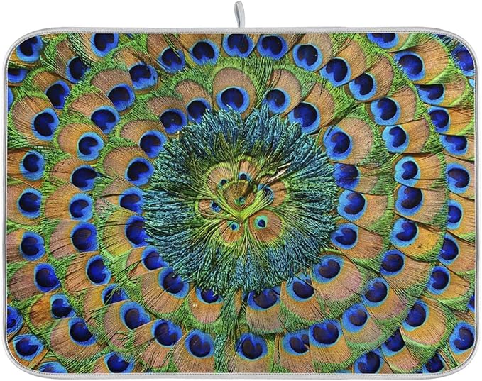 ZzWwR Beautiful Peacock Feathers Absorbent Dish Drying Mat Microfiber Kitchen Countertop Table Protector Multi-Purpose Counter Rack Sink Drainer Pad (16" x 18")