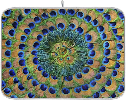 ZzWwR Beautiful Peacock Feathers Absorbent Dish Drying Mat Microfiber Kitchen Countertop Table Protector Multi-Purpose Counter Rack Sink Drainer Pad (16" x 18")