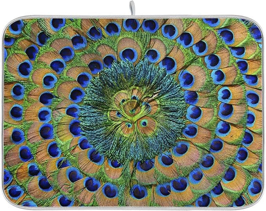 ZzWwR Beautiful Peacock Feathers Absorbent Dish Drying Mat Microfiber Kitchen Countertop Table Protector Multi-Purpose Counter Rack Sink Drainer Pad (16" x 18")