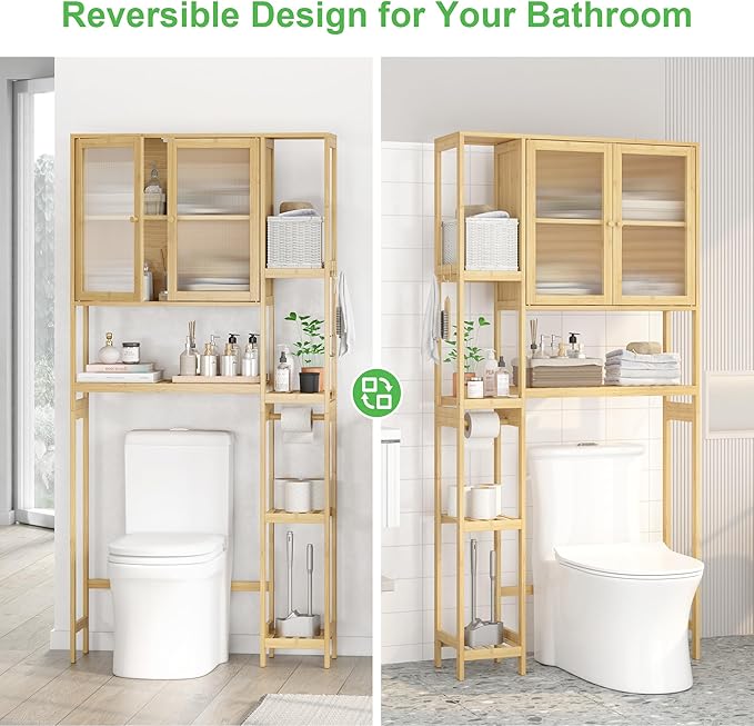 Wisuce Essentials Over The Toilet Storage Cabinet Above Toilet Bathroom Organizer with Toilet Paper Holder Stand Bath Organizer with Adjustable Shelves & Acrylic Doors,Anti-Tip Device (Nature)