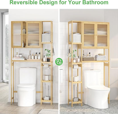 Wisuce Essentials Over The Toilet Storage Cabinet Above Toilet Bathroom Organizer with Toilet Paper Holder Stand Bath Organizer with Adjustable Shelves & Acrylic Doors,Anti-Tip Device (Nature)
