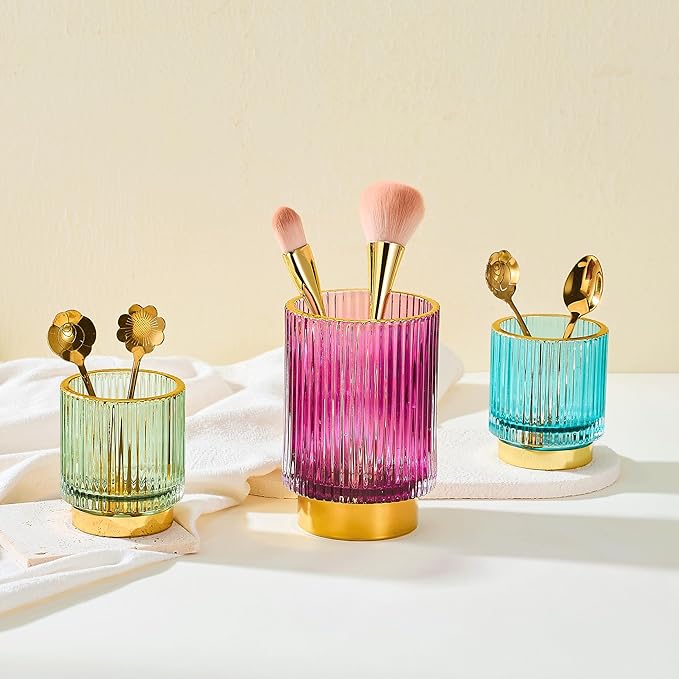 LEICURACE Makeup Brush Organizer, Toothbrush Holder, Desk Pen Pencil Holder, Multifunctional Vintage Glass Brush Cup (S/Green/A3-11-US)