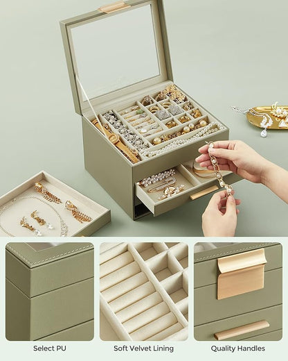 SONGMICS Jewelry Box Organizer with Glass Lid, 4-Layer Jewelry Storage, with 3 Drawers, Modern Style, 8 x 9.1 x 6.5 Inches, Laurel Green and Gold Color UJBC173C02