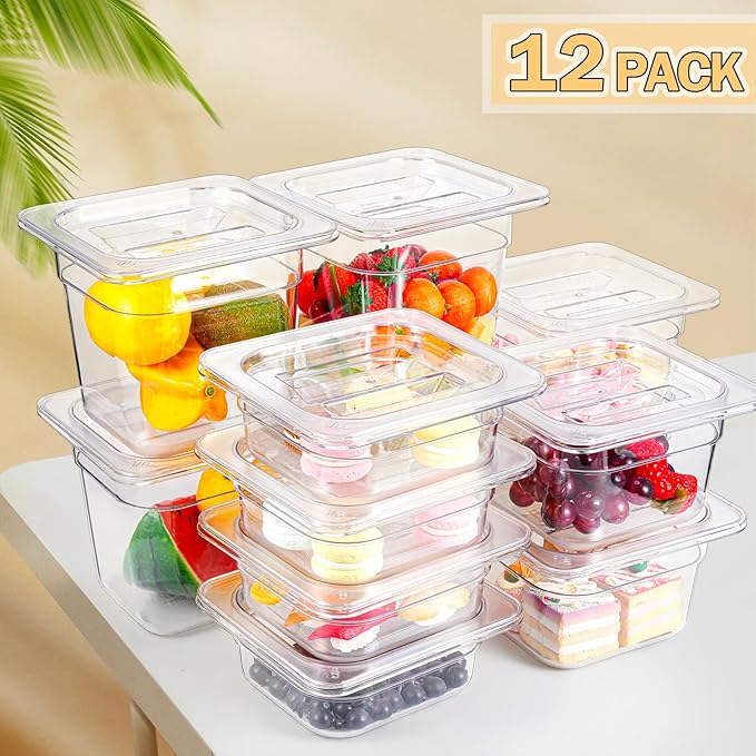 Tioncy 12 Pcs Clear Food Pans with Lids Salad Bar Containers Plastic Pan Salad Bar Containers Commercial Food Storage Transparent Hotel Pans for Vegetables Fruits Beans Corns 2.5'' 4'' 6'' Deep