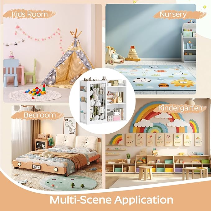 Kids Bookshelf and Toy Storage Organizer, 3 Tier Bookcase for Kids Rooms, Book Shelf with Stuffed Animal Storage, Side Oxford Fabric Pockets, for Playroom, Nursery, Bedroom, White CW02WT