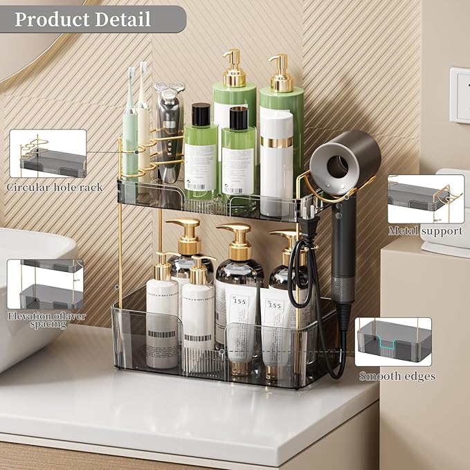 Akinbas 2 Tier Bathroom Organizer Countertop Makeup Perfume Tray Skincare Organizer Comes with Hair Dryer Rack and Toothbrush Holder for Bathroom Dresser Vanity (Grey)