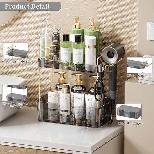 Akinbas 2 Tier Bathroom Organizer Countertop Makeup Perfume Tray Skincare Organizer Comes with Hair Dryer Rack and Toothbrush Holder for Bathroom Dresser Vanity (Grey)