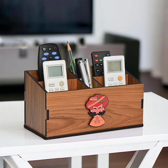 GKD Remote Stand with 5 Sections | Wooden Remote Holder for Living Room, TV and AC | Stationary Organizer | 5 in 1 | Ideal for Home and Office, New Year Gift (Brown Rajasthan)