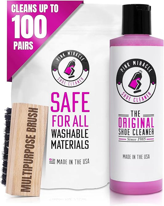 Pink Miracle Shoe Cleaner Kit with Bottle and Brush For Fabric Cleaner For Leather, Whites, Suede and Nubuck Sneakers