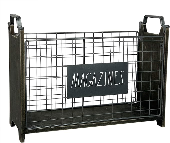 Rae Dunn Magazine Holder - Space Saving Organizer Rack for Books, Files, Folders - Standing Decorative Chic Metal and Wood Storage Container for Home and Office