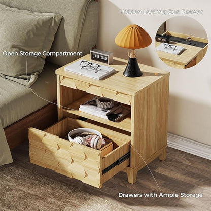 BROTTAR 24" Wide Night Stand with Gun Drawer, Modern Fluted Bedside Table with Unique 3-Dimensional Craft, Wood Sofa Couch End Side Table for Bedroom Office, Natural