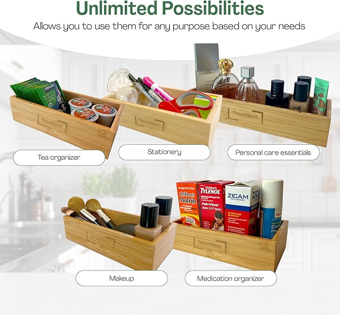 4PCS Bamboo Storage Bag Organizer Set Multi-Use Baggie Organizers for Gallon, Quart, Sandwich, Snack Food Bags, Tea Bag, Silverware, Ideal for Kitchen, Office, Makeup, Bathroom, Utensil, Junk Drawer