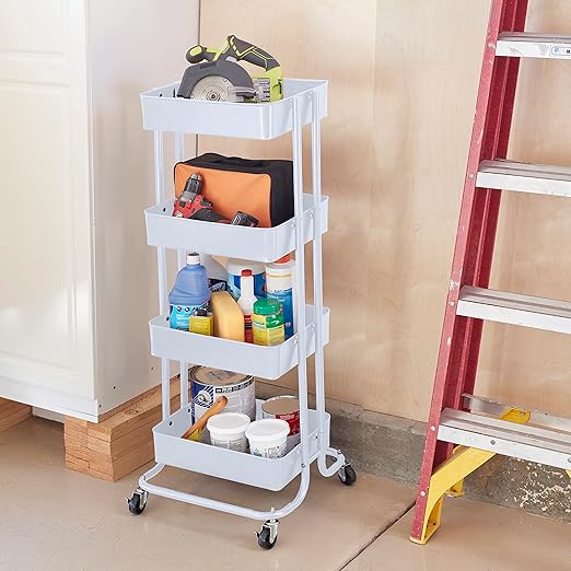 ECR4Kids 4-Tier Metal Rolling Utility Cart, Multipurpose Storage, White