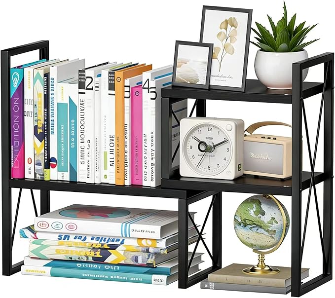 Desktop Shelf Organizer,Small Bookshelf for Office,Wood Desk Top Shelves, Office Organization and Storage (Black)