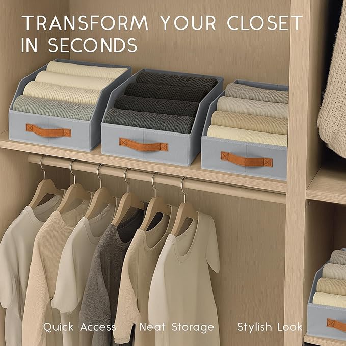 Fabric Storage Bins for Organizing - 6 Pack Large Trapezoid Collapsible Storage Bins with Front Handle, Closet Organizers and Storage for Bedroom, Home Shelves, Small Spaces, Grey