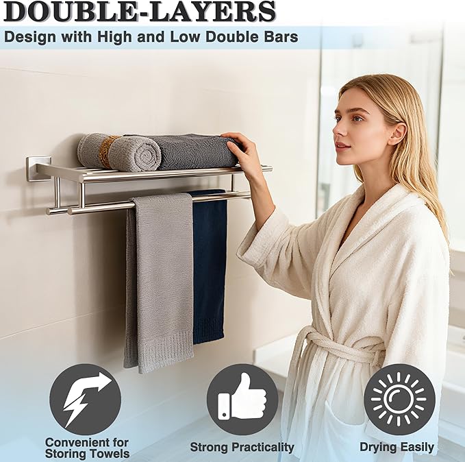 Alise Double Towel Rack for Bathroom,24 Inch Bathroom Tower Holder Towel Shelf with Double Towel Bars Wall Mount,SUS304 Stainless Steel Towel Hanger Double Tower Bar for Bathroom Wall,Brushed Nickel