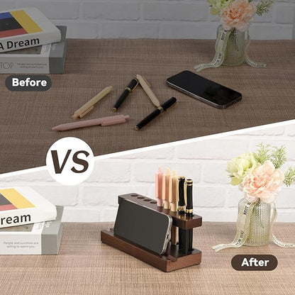 Wooden Pen Holder for Desk, Pencil Holder Wood Fountain Pens Display Stand with 9 Slots and Cell Phone Holder, Pen Organizer for Office, Home
