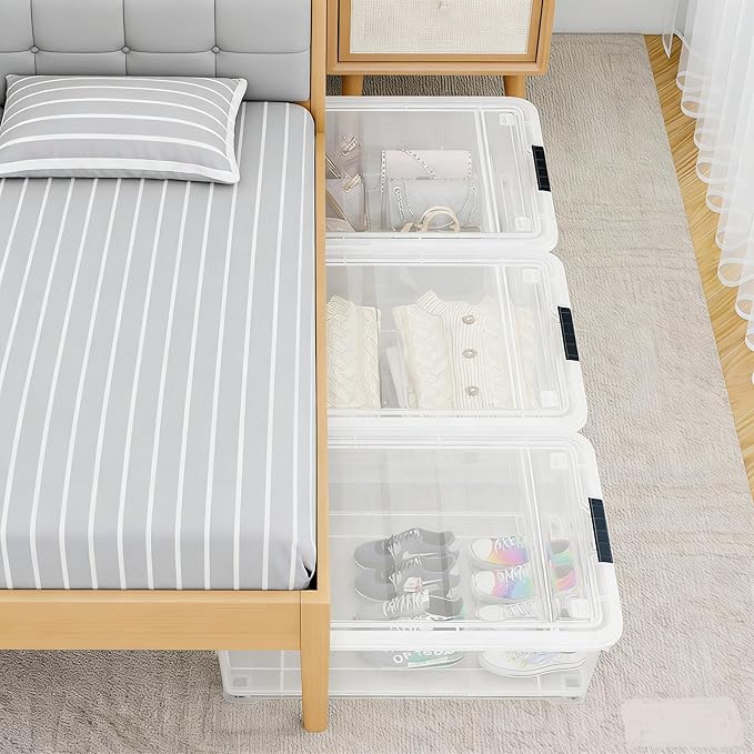 Buyitt 25 Quart Clear Plastic Latch Storage Box with Wheels, Under Bed Storage Box, 3 Pack