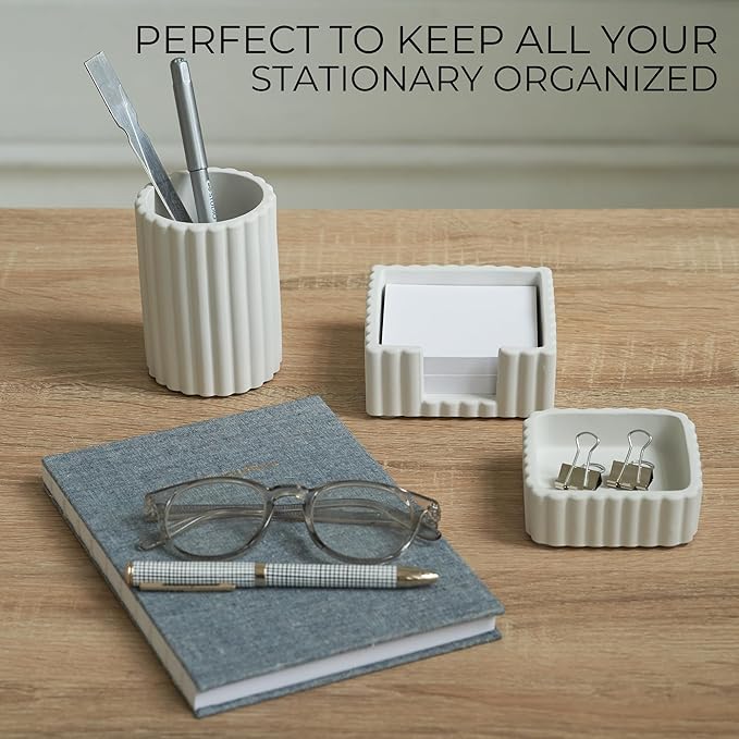 KIBAGA Modern Aesthetic Desk Accessories Set of 3 - Stylish Concrete Organizers for Pens & Office Supplies - A Cute and Functional Addition to Your Workspace Decor