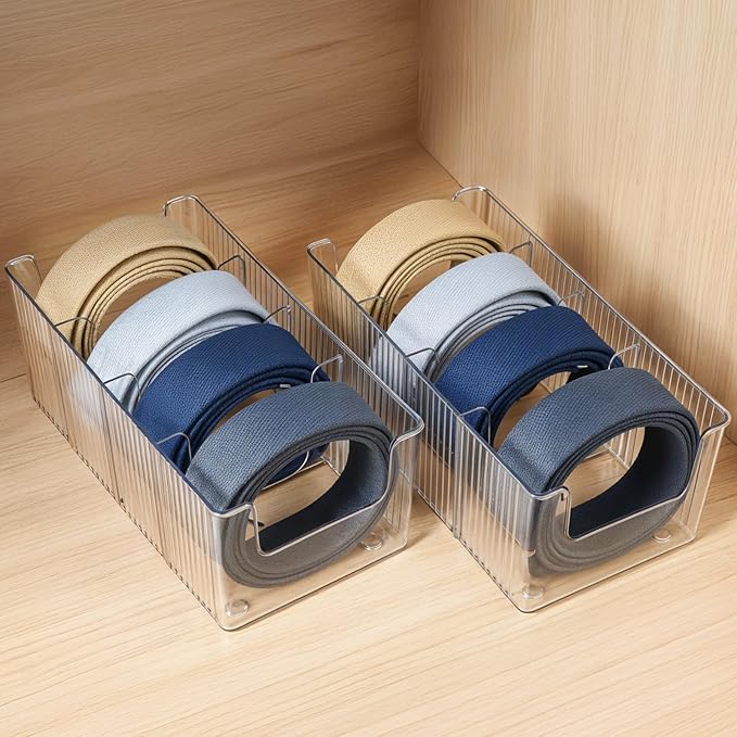 Afcabakila 2-Pack Belt Storage Organizer, Acrylic Belt Organizer with 8 Detachable Compartments, Clear Belts Holder for Closet & Drawer, Fits Most Sizes, Space-Saving Design for Ties, Bows & Jewelry