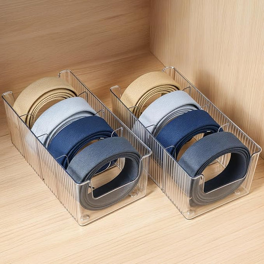 Afcabakila 2-Pack Belt Storage Organizer, Acrylic Belt Organizer with 8 Detachable Compartments, Clear Belts Holder for Closet & Drawer, Fits Most Sizes, Space-Saving Design for Ties, Bows & Jewelry