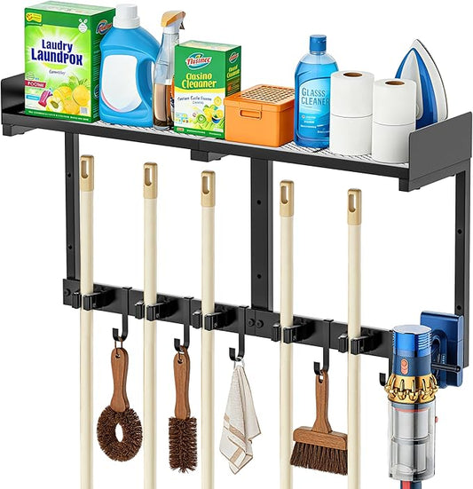 Heavy Duty Broom Holder Wall Mount with Grid Shelf, 5 Adjustable Hooks & Vacuum Hanger | All-in-One Cleaning Supplies Organizer for Laundry Room, Garage, Kitchen Storage