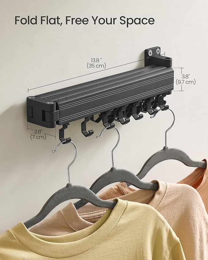 SONGMICS Clothes Drying Rack, Wall-Mounted Laundry Drying Rack, Extendable, Foldable Arms, with 21 Swivel Sliding Hooks, Space-Saving, for Laundry Room, Bathroom, Ink Black ULLR807B01