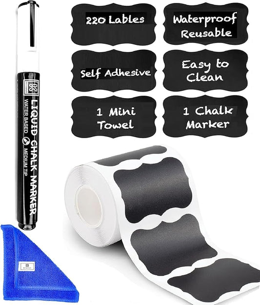 Chalkboard Labels Roll for Jars 220pcs Wavy Shape - Waterproof Reusable Chalk Sticker Labels for Containers Storage Jars - Includes Erasable Liquid Chalk Marker & Mini Towel