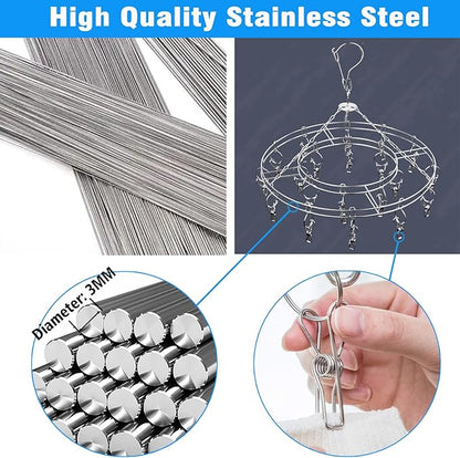 Stainless Steel Sock Drying Rack with 20 Clips, Stainless Steel Space-Saving Dryer Rack Washline with Peg for Sock,Towels,Bras,Underwear Etc Small Laundry Items (Stainless Steel-Round)