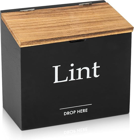 Magnetic Lint Bin for Laundry Room - Compact Size, Wooden Dryer Lint Holder with Lid - Rustic Lint Box, Magnetic Bin - Modern Farmhouse Laundry Room Decor, Black with Torched Lid
