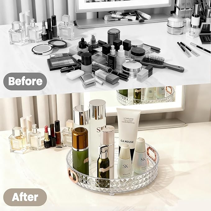 HsaExtriva 360 Rotating Makeup Organizer, Diamond Patterned Large Capacity Skin Care Organizer, Wider Perfume Stand, Makeup Holder for Vanity and Bathroom Countertop, Clear 1 Tier