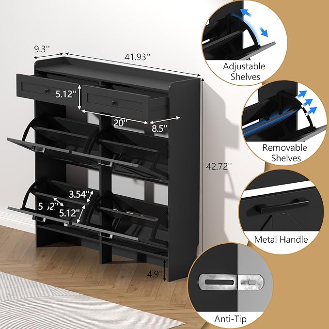 Shoe Cabinet with 4 Flip Drawers & 2 Storage Drawers, Rustic Farmhouse Narrow Shoe Organizer Cabinet, Slim Shoe Rack Cabinet, Shoe Storage Cabinet for Entryway, Hallway, Front Door