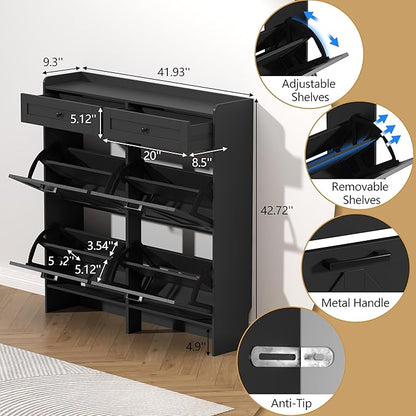 Shoe Cabinet with 4 Flip Drawers & 2 Storage Drawers, Rustic Farmhouse Narrow Shoe Organizer Cabinet, Slim Shoe Rack Cabinet, Shoe Storage Cabinet for Entryway, Hallway, Front Door
