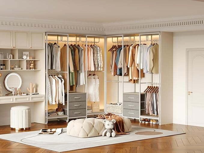 Garment Rack Heavy Duty Clothes Rack for Hanging Clothes, Freestanding Clothing Rack with 3 Fabric Drawers, Adjustable Closet Racks, Corner L Shaped Closet System Organizers, Gray & Light Wood Grain