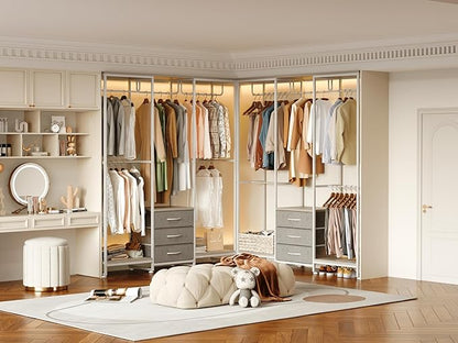 Garment Rack Heavy Duty Clothes Rack for Hanging Clothes, Freestanding Clothing Rack with 3 Fabric Drawers, Adjustable Closet Racks, Corner L Shaped Closet System Organizers, Gray & Light Wood Grain