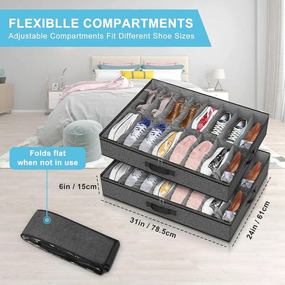 Under Bed Shoe Storage Organizer for Closet, Fits 32 Pairs Underbed Shoes Box Storage Containers Under the Bed Storage Foldable with Sturdy Handles&Clear Window for College Dorms Grey, Set of 2
