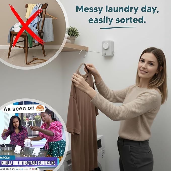 GorillaLine Max – Retractable Clothesline Indoor Outdoor, Non-Sagging Heavy Duty Clothes Drying Line, Wall Mounted Drying Rack, Air Dry Clothing, Max Tighten with GorillaGrip