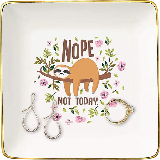 Funny Sloth Gifts Ideas for Women Or Girls - Birthday,Christmas Gifts For Mom,Aunt,Grandma,Sister,Daughter,Co-worker,Best Friends - Nope Not Today – Ceramic Jewelry Holder Ring Dish Trinket Box Tray