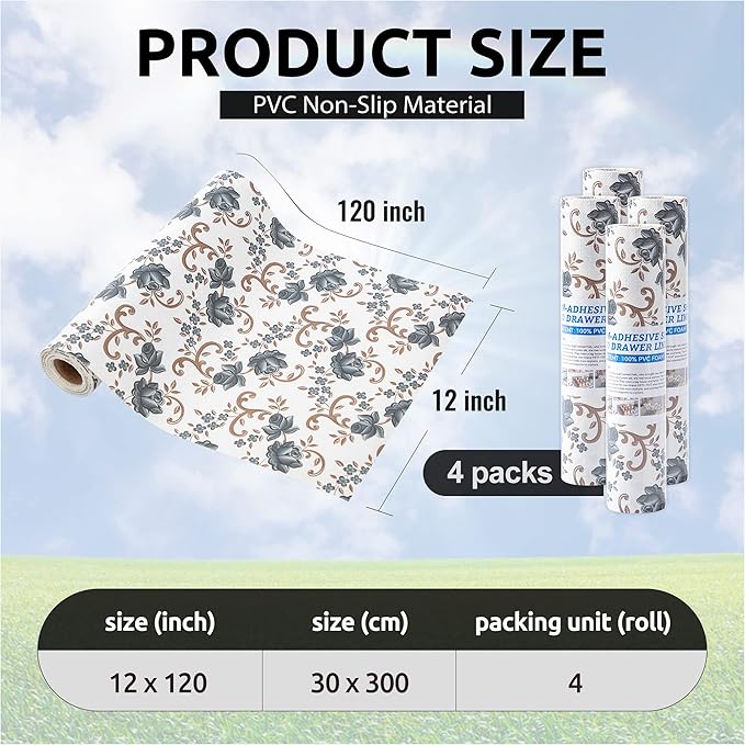 FIFTY FEET 12X120 Inch Shelf Liner for Kitchen Cabinets, PVC Drawer Liner for Dresser Non-Slip Bathroom, Non-Adhesive Cabinet Liner Washable (Black Floral)(4 Roll)