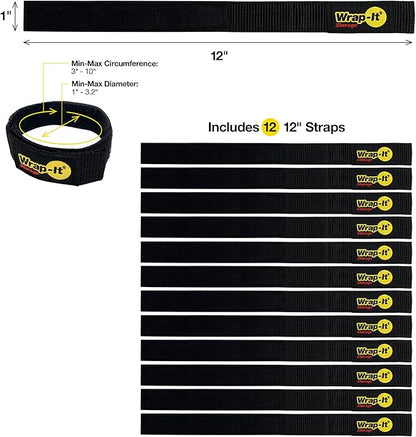 Quick-Straps by Wrap-It Storage – 12” (12-Pack) Black - Hook and Loop Cord Wraps for Cable Storage and Organization