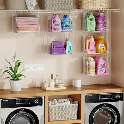 3-Pack Extra-Tall 13.6'' Hanging Laundry Basket Organizer, Foldable Wire Shelf with 360° Rotating Hooks & Reinforced Height - Durable Space-Saving Laundry Room & Closet Organizer, White Patent