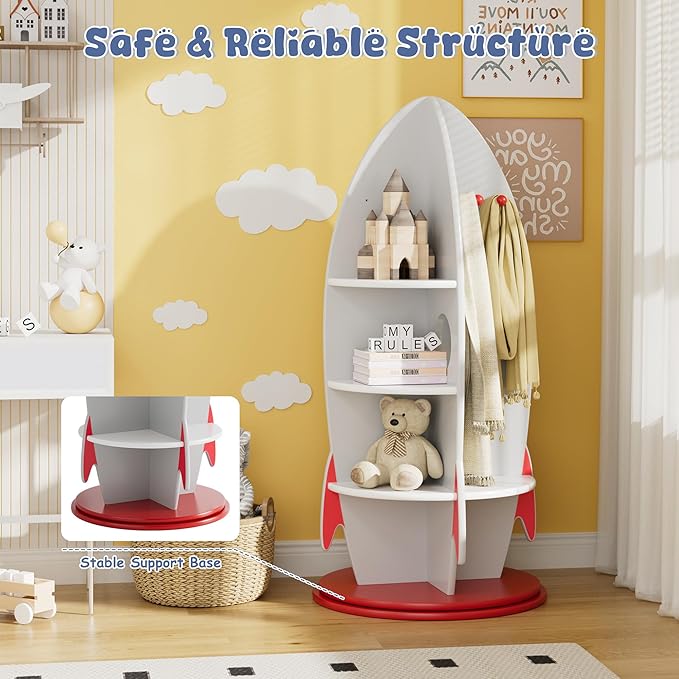 Rocket Kids Bookshelf, Space Themed Toy Storage Organizer with Coat Hooks, 360° Rotating Children's Bookcase for Playroom, Bedroom, Nursery