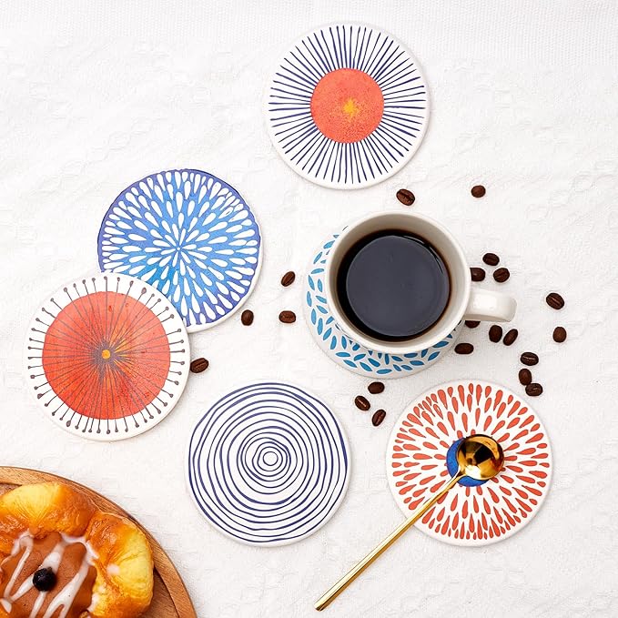 Funny Ceramic Absorbent Coaster Set of 6 Mid Century Coasters for Drinks Fun Boho Coffee Table Decor Cool Desk Coasters with Holder Unique Kitchen Accessories Outdoor Beach Cute Stone Cup Coaster