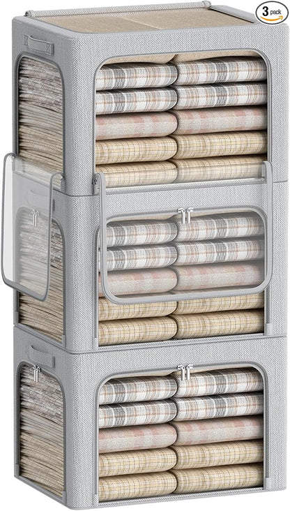 3 Openings Clothes Storage Bins Box - 3Pack Stackable Foldable Storage Bin - Metal Frame Storage Box Clothing Storage Organizer with Clear Window, Carry Handles (Light Grey, 100L-23.6x16.5x15.7in)